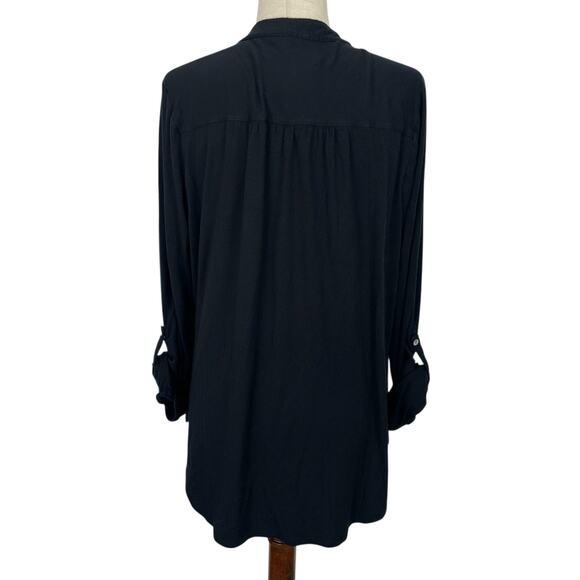 Amour Vert Black Popover Tunic Top XL Roll Tab Sleeve Sustainable Made in USA - Picture 2 of 8
